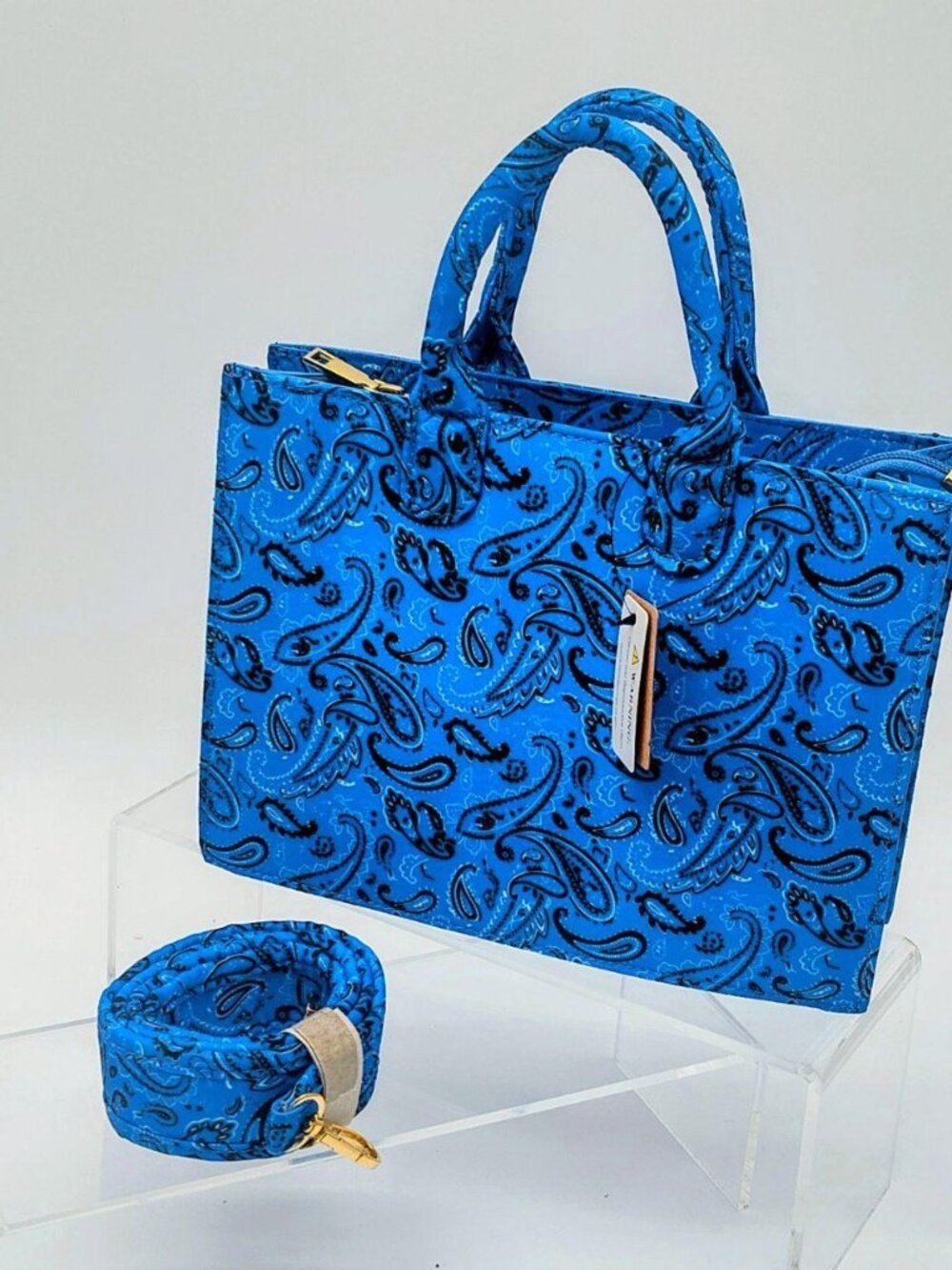 Bandana Print Canvas Medium Tote Bag w/ Wide Crossbody Strap - Blue Paisley